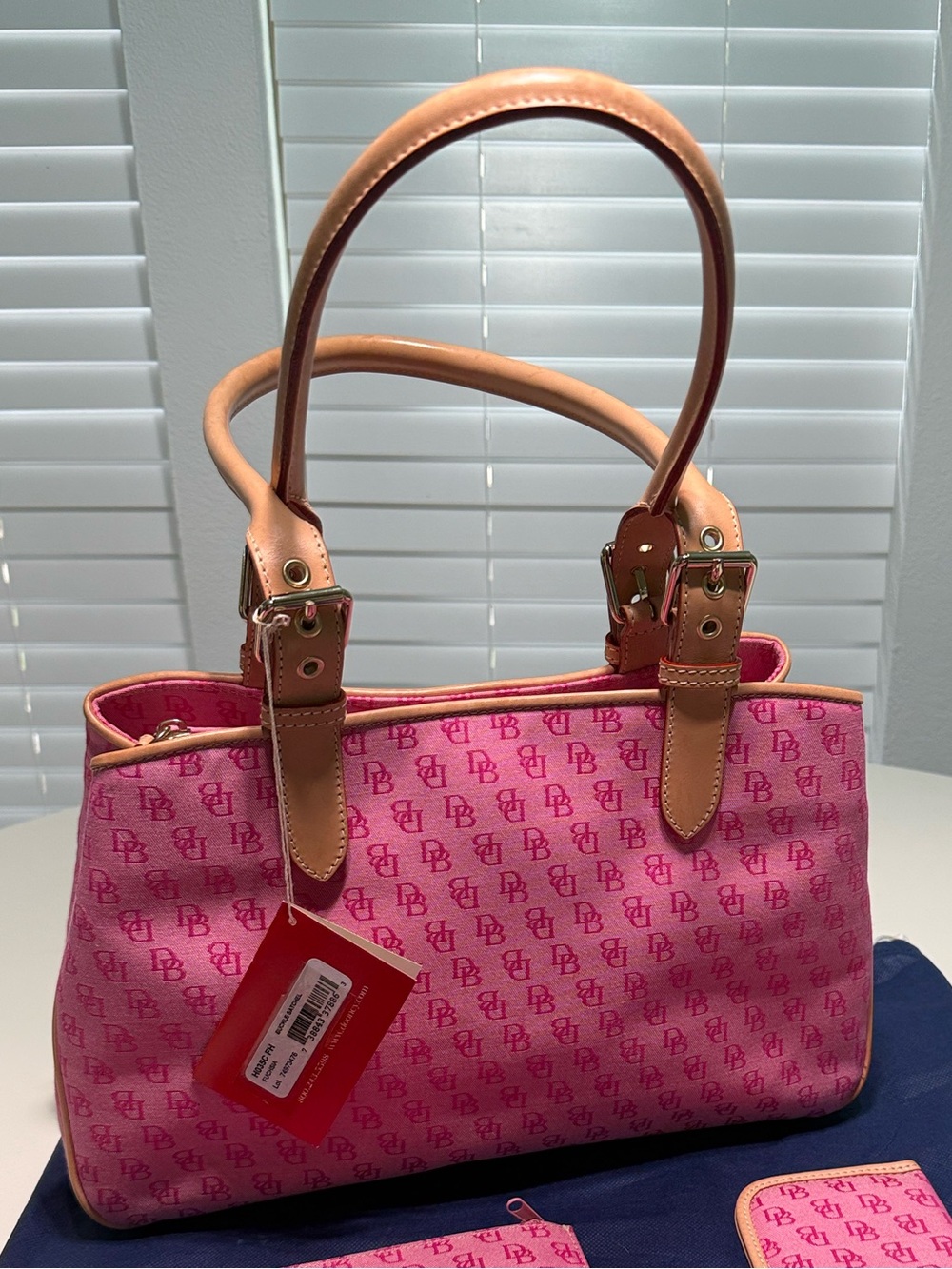 Dooney & Bourke Pink Logo Satchel with Tan Trim